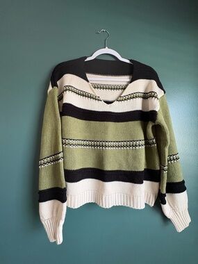 Olive & Cream Striped V-Neck Womens Sweater